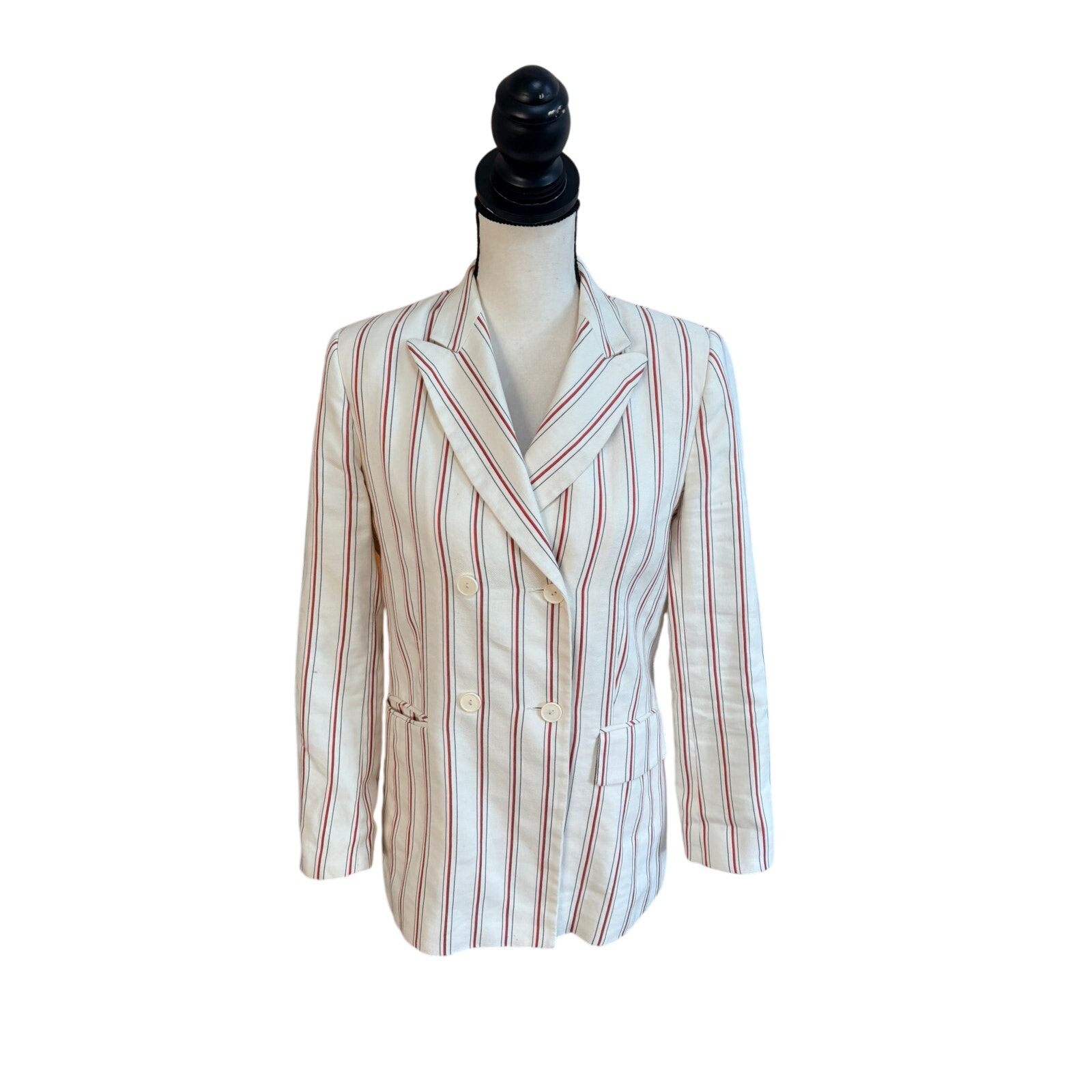 Sandro Paris Striped Linen Cotton Double Breasted Blazer Fr 40 Us 8